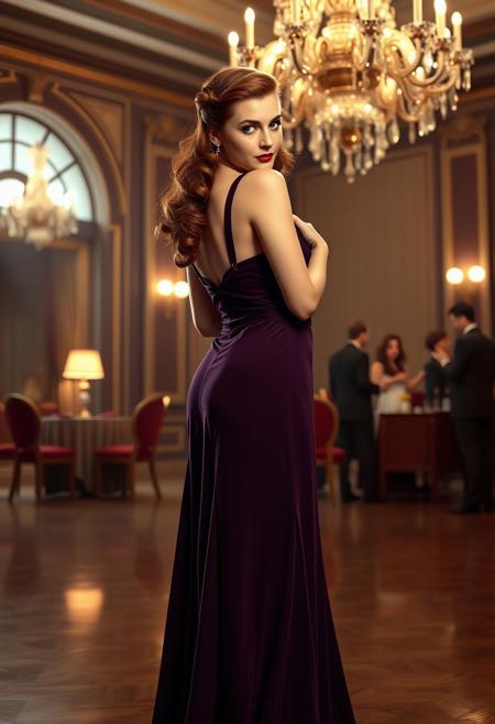 score_9, score_8_up, score_7_up,
RAW, masterpiece, ((full body)), photorealistic, pinup,  noir_style, 
1girl, beautiful young woman, 30 years old, auburn hair, long hair, 1940s era flip up-do hairstyle,standing in a 1940s era ballroom,
1940's noir, elegant,
Wearing vintage deep purple ball gown, low cut, blackffstockings, garters, suspenders, fully fashioned stockings, high heels.
looking at viewer, 
high details, highly detailed, sharp focus, beautifully detailed woman, detailed eyes and face, 
detailed background, 1940s ballroom, chandelier