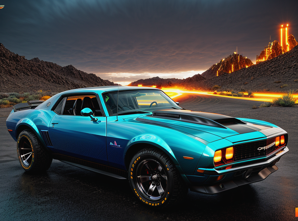 cyberpunk 2077 off road modified 1968 camero car, iridescent paint, tech gear attached, in cyberpunk 2077 desert photoshoot, running at high speed, glowing lights, speed sensation, well framed at middle range, knobby tires, slammed, extreme detail, illegal battle car, extreme photorealistic, 3D, 8k, Hyper detailed car, perfect soft lighting, great lighting, car photography, fisheye lens, raining, reflection, octane render, high quality, <lora:more_details:1.2>
