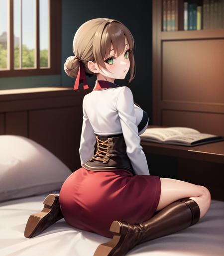 best quality, (masterpiece:1.2), illustration, absurdres,
(1girl, solo),  (beautiful detailed girl),
<lora:DuvalieCasual-09:0.8>, Duvalie, green_eyes, light brown hair, (hair bun:0.8), hair ribbon, medium breasts, medieval_outfit, brown_thigh_boots, corset, white_shirt, red_skirt, green_neckwear,,  (cynical ), ((looking at viewer)),
from behind, ass, ass focus ,
inside bedroom, on bed, sitting, spread legs, (agura:1.1), window, bookcase, table,