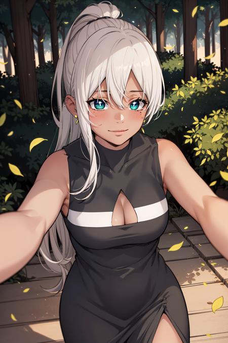 best quality, masterpiece, detailed,
<lora:OverpoweredSword_Karen:0.8>, dark skin,
closed mouth, light smile, light blush,
ponytail, long hair, blonde hair, green eyes, mole under eye, earrings,
black dress, cleavage cutout, sleeveless,
standing, looking at the viewer,
forest, falling leaves