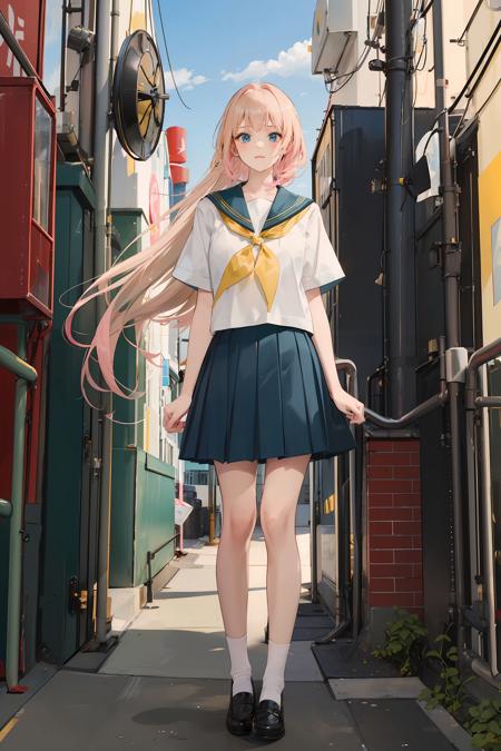 <lora:serafuku:0.6>, best quality, 1girl, long hair, blonde hair, blue eyes, (white/black/green/blue/pink/yellow japanese school shirt), sailor collar, neckerchief, short sleeves, black/green/blue/pink/white/yellow skirt, white socks, black shoes, full body, standing, outdoors, cityscape, streets, buildings,