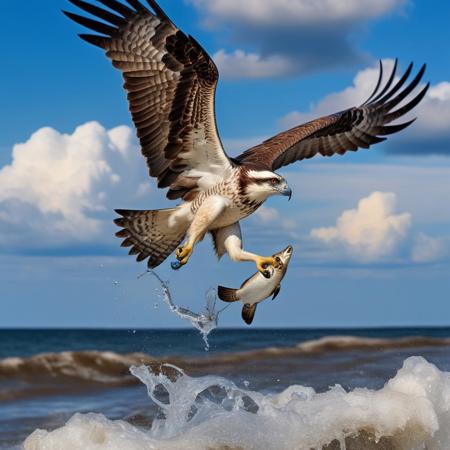 osprey eagle in flight rushing into the sea with a captured fish, blue sky background with cumulonimbus cloud, photography very realist