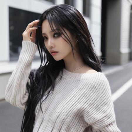 (soyeon:1.3), masterpiece, best quality, 1girl, shiny skin, cinematic lighting, medium breasts, looking at viewer,((black eyeliner)), ((do a face)), messy hair, long black hair, solo, autumn, outdoors, windy, black sweater dress, ribbed, knit, turtleneck sweater dress, black pantyhose, walking, city, shopping, dynamic angle, close-up, ultra-detailed, 8k, rtx, ambient occlusion, rim lighting, bustling,<lora:soyeon_v10:0.9>, <lora:add-detail-xl:4>