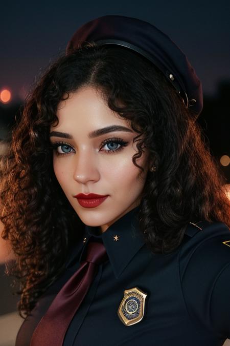 photo of a woman, ((curly hair)), <lora:bventi-04:0.6>, bventi, ((dark brown hair, curly hair)), ((necktie, shirt, police uniform, badge, dark blue shirt, police hat):1.2), ((closeup, portrait)),((outdoors, city, at night, fire, explosions):1.2),smiling, ((red lipstick, eyeliner, eye shadow, blush)), ((best quality, masterpiece, extreme details, high resolution):1.2),((detailed eyes, beautiful eyes, detailed face, beautiful face):1.2)