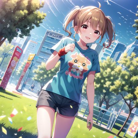 high quality, best quality, masterpiece, absurdres, kawasaki sakura, casual, 1girl,  <lora:skr:0.75>, solo, smile, park, sunny, t-shirt, shorts