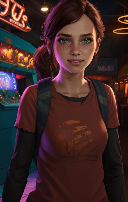 elliet2, green eyes,  brown hair, low ponytail, 
red shirt, dirty clothes,   long sleeves, 
upper body, standing,   smile, 
arcade room, neon lights, night, 
 looking at viewer, 
(insanely detailed, beautiful detailed face,beautiful detailed eyes, masterpiece, best quality), solo, 
 <lora:EllieT2:0.8>