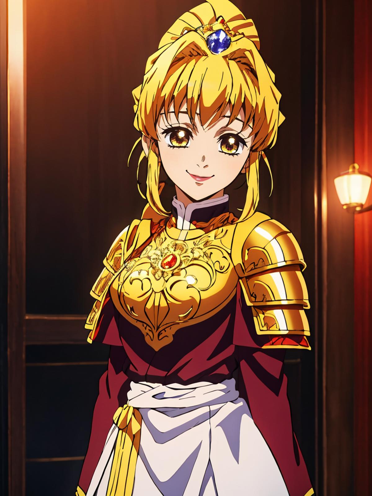 A cartoon girl wearing a gold and red costume with an apron.