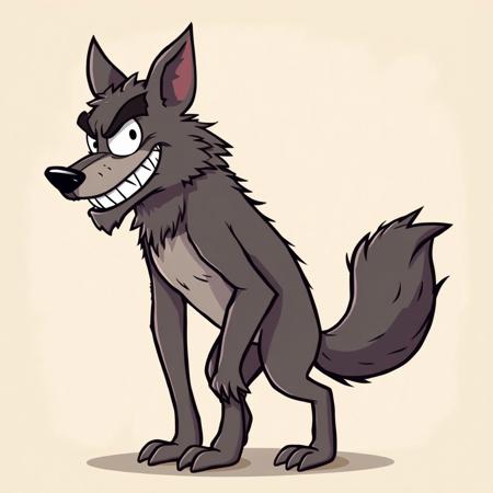 A cartoon-style illustration of the Big Bad Wolf in profile, standing upright with fur-covered body fully visible, showing no clothes. His sharp features include a long snout, pointed ears, and large, mischievous eyes. He grins widely, revealing sharp, jagged teeth, giving him a menacing yet playful appearance. His body is sleek and slightly exaggerated, with his bushy tail curling behind him. The background is softly textured with muted, pastel colors, creating a warm but eerie atmosphere. The overall image has a whimsical, retro feel with simple lines and soft shading, evoking a nostalgic, storybook-like charm.