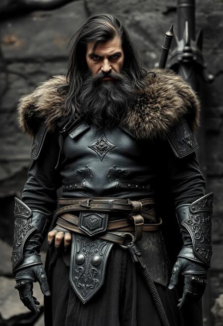 bearded King Conan, heavy armour, leather armour, he wears a fur capeline, black clothes, relaxed standing pose, dirty black coal arms and hands, grotesque environment, extremely beautiful, by Joel Peter Witkin