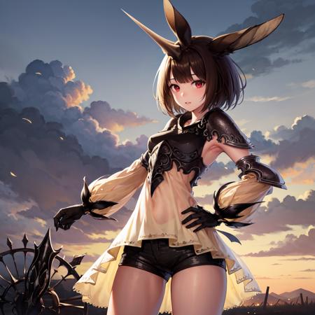 (masterpiece, best quality, highres), a portrait of a girl wearing a see-through yellow dress,  she has a single horn like a unicorn,  1girl,  solo, short hair, red eyes, shorts, animal ears,  single horn, armor, hand on hip, black shorts, detached sleeves, brown hair, short shorts, rabbit ears, see-through, black hair, looking at viewer, cloud, sky, dress, gloves,  standing, bangs, cloudy sky, shoulder armor, bob cut, gauntlets, , cowboy shot, outdoors, brown eyes, black gloves, pauldrons, bike shorts, breasts, fantasy, yellow dress, small breasts, blunt bangs, breastplate, light particles, vambraces, parted lips, closed mouth,  thighs, long sleeves, armpits, short dress  <lora:RaminaV1:1>