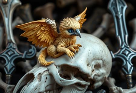 a tiny adorable griffon curled up on a huge skull, golden feathers, metallic feathers, silver eagle beak, bird talons, large glowing blue eyes, Background bones and swords, armor