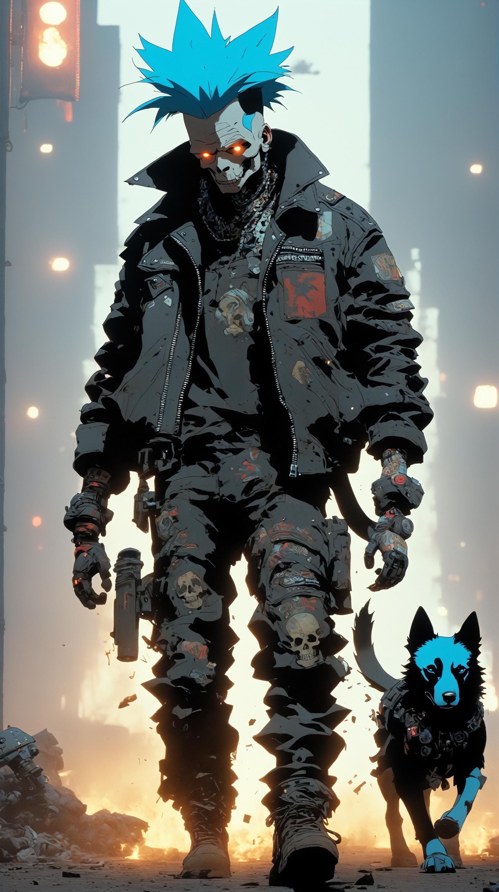 A man in a black jacket, with a skull on his sleeve, and a cat nearby.