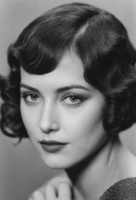 Photograph of a woman from the 1920s, short hair, (finger-weave hairstyle:1.1),posing for a photograph. close-up, black and white, cinematic composition, looking at camera, seductive, soft shadows, grainy,