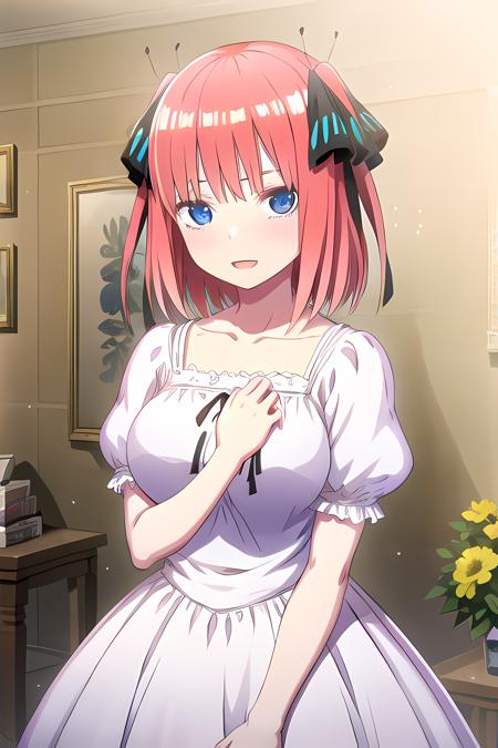 1girl, solo, breasts, looking at viewer, smile, short hair, open mouth, bangs, blue eyes, large breasts, hair ornament, dress, ribbon, twintails, jewelry, collarbone, hair ribbon, upper body, pink hair, flower, short sleeves, :d, red hair, parted lips, puffy sleeves, indoors, hand up, blunt bangs, medium hair, necklace, white dress, puffy short sleeves, black ribbon, hand on own chest, pendant, raised eyebrows, butterfly hair ornament, picture frame, starfish, bulletin board, style novel,  <lora:novel_style:0.7>, <lora:GoodHands-vanilla:1>