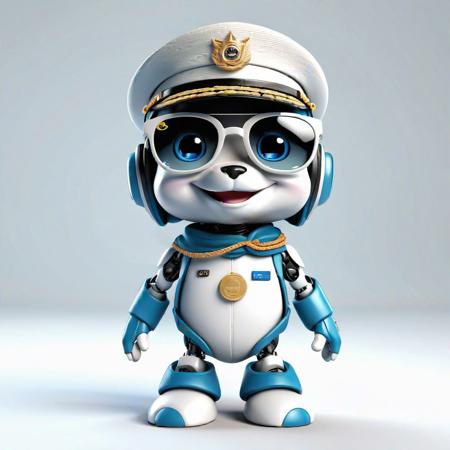 Full body, luxurious sunglasses and hat, excited and happy expression, cute and lovely baby robot dolphin with military uniform on body, 2d cute, happy, fantastic, dreamy, illustration, 3d three-dimensional, centered, professional, soft modern, nice. It has graphics, line art, and a white background.