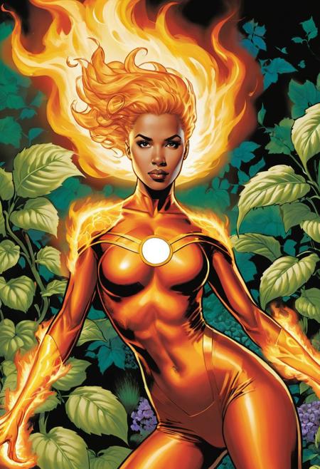 (art definition The powers of The Human Torch-The Human Torch Woman: The Fantastic Four Style:0.9), with the same stretching powers of Johnny Storm (artist design by Marvel Universe:1.1), (kind young lightskin biracial feminine woman as lowly prostitute, character maiden of light, magical prowess, glowing auras, pristine skin, detailed bright pupils, supple body:1.4), (in a garden with her girlfriends:1.5), (change pose each iteration:2)