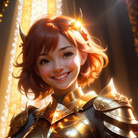 Chuck Norris, (misc:1.24),  Artstyle Artstation, Beautiful portrait of female cleric, intricate golden  armor, D &D look and feel, full halo across the middle part, cinematic lighting, illustration, by mikhail vrubel, an orange piglet lying near someone  and talking about space, by yasuke urashi, mads Mikkelsen sitting behind closed curtain art, art illustration, (epic angle:1.1), (lens flare:1.21) (fanendo kiki:1.46) smiling devil <lora:add-detail-xl:1>