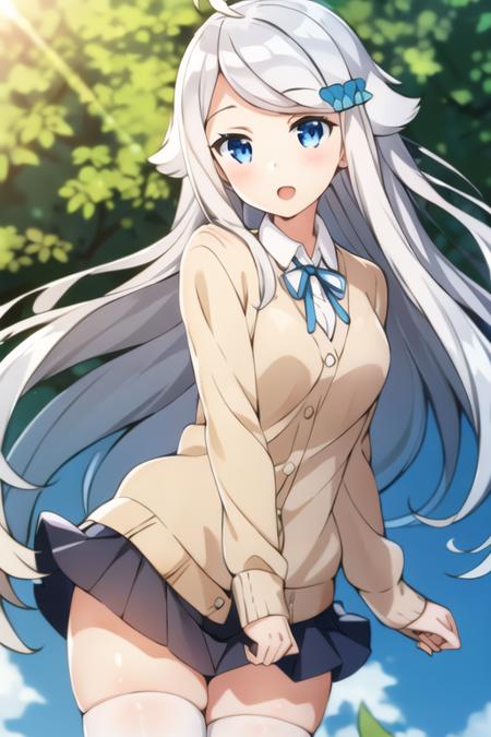 masterpiece, best quality,1girl,solo, kani nayuta,sliver hair,long hair,ahoge,hair ornament,blue eyes,school uniform,cardigan,dress shirt,neck ribbon,very shot pleated miniskirt, white thighhighs,<lora:kaninayuta:0.8>,outdoors, wind lift, wind,school,sunlight, lens flare, 