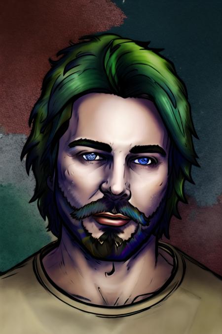 (masterpiece, best quality:1.2),1boy, male focus, solo, <lora:DuskfallArt:.7> , alex brightman as beetlejuice, facial hair, beard, portrait, blue eyes, green hair, looking at viewer, mustache, short hair, digital art,