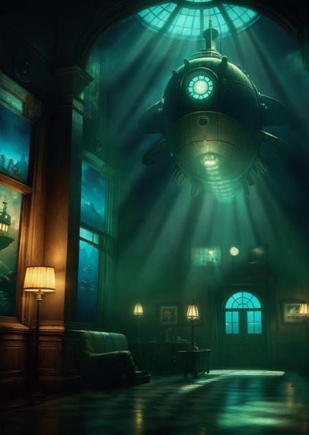 a large room with a large painting on the wall , no humans, window, night, building, scenery, light, lamp , cinematic from Bioshock game series, art deco, seedy, submarine<lora:Rapture:1.0>