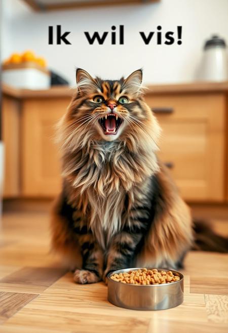 A long-haired fluffy cat sitting on a kitchen floor, shouting "Ik wil vis!". The cat sits next to a bowl of dry kibble.