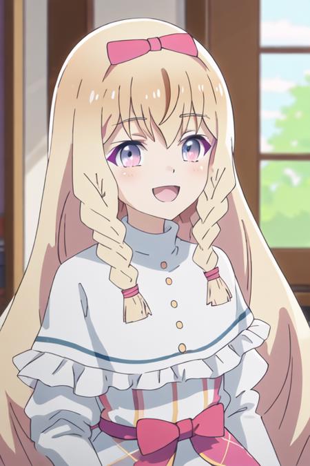 best quality, masterpiece, highres, solo, {noire_foschurose_kumakumakumabear:1.15}, blonde_hair, long_hair, braid, bow, hair_bow, bangs, twin_braids, purple_eyes, smile, blush, open_mouth, 1girl, closed_mouth, parody, red_bow, upper_body, white_capelet, capelet, hairband, indoors, portrait, red_hairband, hair_between_eyes