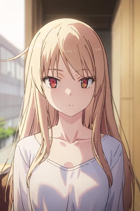 best quality, masterpiece, highres, solo, {shiina_mashiro_sakurasounopetnakanojo:1.15}, blonde_hair, long_hair, red_eyes, brown_eyes, 1girl, bangs, closed_mouth, anime_coloring, blurry, blurry_background, looking_at_viewer, portrait, shirt, collarbone, indoors, white_shirt