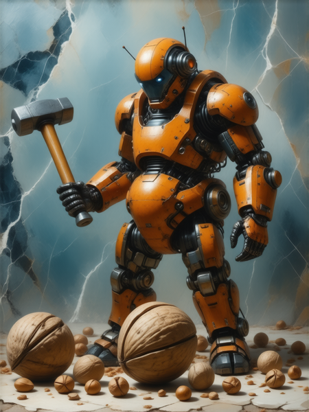 a (plump:1.6) cyborg prototype holding a hammer,fighting a nut,shell nut`s on the floor,rivets,huge walnut on background,azure marble,digital art,