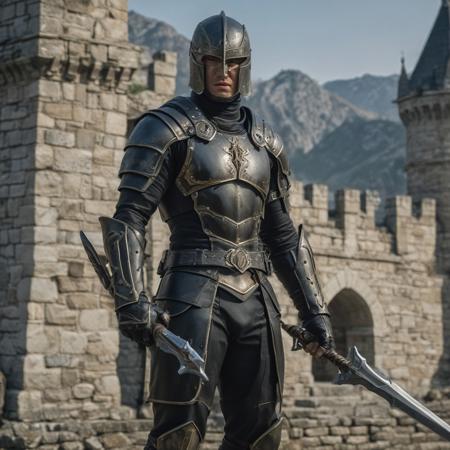 a close up of a warrior on a castle, black armored uniform,  he has an elongated head shape, kneehigh boots, circa 1 9 8 4, unused design, middle shot waist up, golden key, face shown, 2 8 mm color, front facing view, frontal shot, highly detailed, extremely beautiful, intricate, cinematic lighting, rich colors, ray tracing, hyperrealistic, photorealistic, cinematic landscape, trending on artstation, concept art,