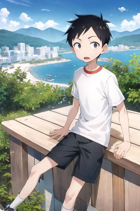 1boy, nishikata, black eyes, sanpaku, shirt, short pants, , city, beach, forest, mountain <lora:nishikata:0.7>