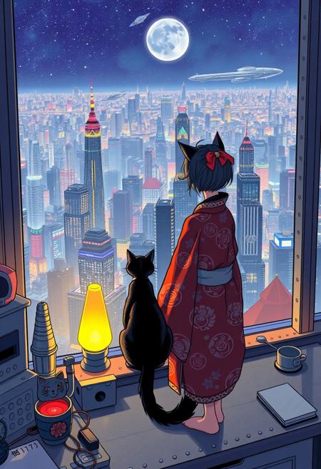 Jiji, the cat from Kiki's Delivery Service sits on a cluttered metal riveted desk next to a maneki neko statue and a lava lamp, Jiji is looking out of a floor to ceiling window that looks out at a very high view from an apartment on the 400th floor of a futuristic Tokyo skyscraper, the year is 2250, The city has thousands of enormous wide and tall futuristic skyscrapers and space ships in the sky, (((Kiki from Kiki's Delivery Service, 24 years old, is standing next to the cat looking out at the enormous city at night, filled with buildings over a mile tall))), Kiki is dressed in an ornate Japanese style bath robe. An enormous starship is visible high above the city, The woman's hair is messy from just waking up and tied up with a ribbon. Artistic cyberpunk, dynamic perspective, The focus is on Jiji and Kiki standing together looking out the window at the view together,