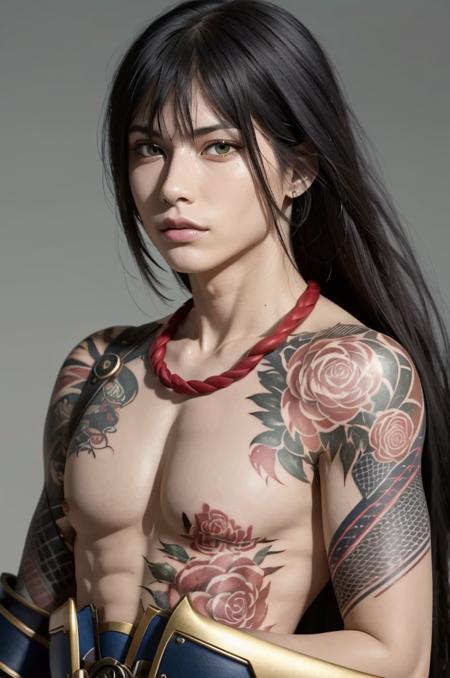 yanqing, 1boy, male focus, long hair, gauntlets, tattoo, full-body tattoo, black hair, green eyes, looking at viewer, topless male, ponytail, flower tattoo, hair between eyes, very long hair, chest tattoo