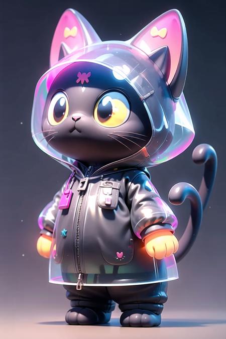 Pixar style,MG ip,cat,solo,hood,tail,black cat,no humans,shiny,1other,zipper,raincoat,standing,cat tail,cat hood,full body,cat ears,shiny clothes,animal hood,jacket,animal ears,simple background,see-through,whiskers,glowing,animal,