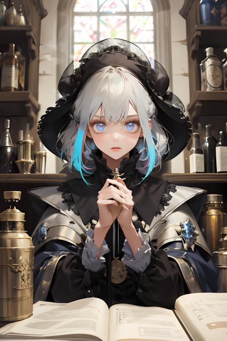 (absurdres, highres, ultra detailed), 1girl, solo, extremely detailed eyes, colorful, highest detailed,  looking at viewer, solo, (full body:0.6), detailed background, detailed face, (victorian theme :1.1), medieval alchemist,  workshop in background,      potion, magnets, steam, philosophers stone,  blueprint, alchemical fomula, glowing magical symbols, alchemy, magical fantasy atmosphere, metaphysics, shadows,