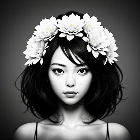 (ttatt:1.1), a girl with half face on flowers, dark style, bw, chrome, masterpiece, dynamic forms