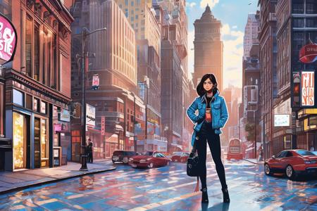 cmodel, digital illustration, cinematic lighting, smooth, (fullbody:1.5)(, best quality, high detail, masterpiece, high quality:1.5), streetwear, bloom, film grain, detailed eyes, beautiful face, (skinny:1.2), (young female:1.3), city background