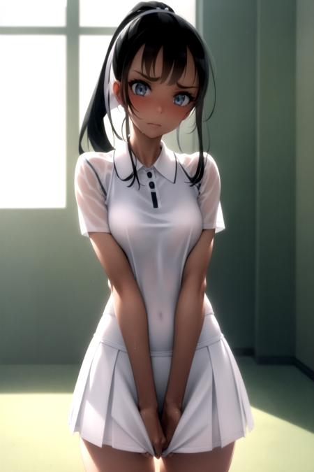 <lora:murakami_suigun_v0.1:1> 
1girl, long hair, blue eyes, white shirt, skirt tug, ponytail, 
tennis uniform, white skirt, looking at viewer, 
<lora:skirt_tug_v0.1:1>, masterpiece, best quality, highly detailed