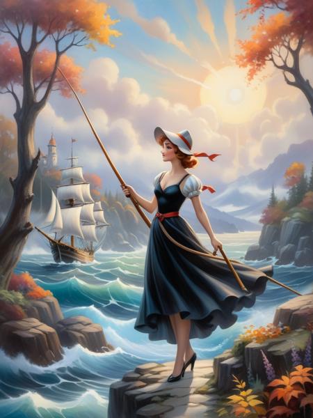 <lora:SS02ImpressionisticPainting_Hap_XL:1.5>,Thomas Kinkade style, <lora:add-detail-xl:0.00001> ,oil painting, cuphead video game style, 1930s cartoon, hand drawn, watercolor backgrounds, rubber hose animation ready to face whatever challenges lie ahead. the winds whisper tales of adventure and mystery, a ship sails with grace and poise, she holds a small harpoon, hinting at the arrival of winter. the tree branches stretch out like skeletal fingers, inspired by the abstract painting, a simple black dress that contrasts with the vibrant colors of the scene. in her handï¼