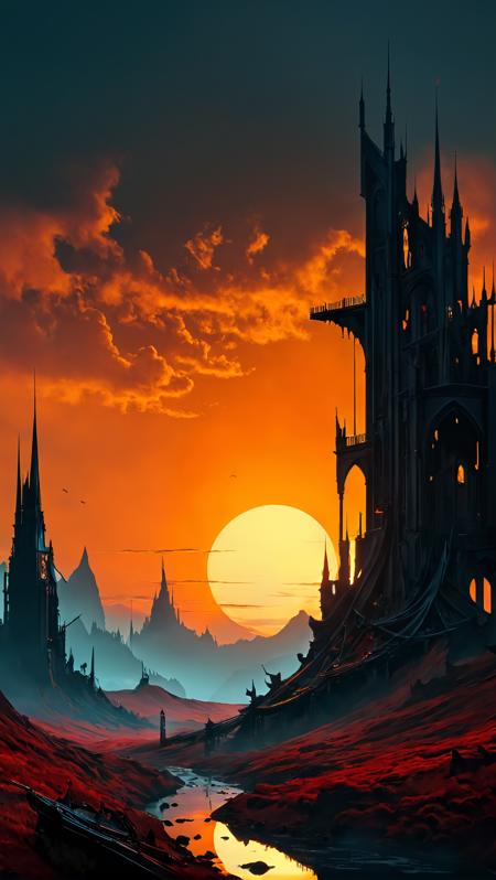 <(In the heart of a desolate, barren wasteland, the sun sets behind an ominous, twisted skyline of metallic ruins, where ethereal creatures born of darkness and decay roam, silhouetted against the fiery backdrop. Create an image with the Gothic, famous artwork by (andy kehoe:1.4) and (zdzislaw beksinski:1.3) and (caspar david friedrich:1.1)):1.2>,
<(detailed matte painting, deep color, fantastical, intricate detail, splash screen, complementary colors, fantasy concept art, 8k resolution trending on Artstation Unreal Engine 5):0.9>,
<lora:WildcardX-XL-Detail-Enhancer:1>
