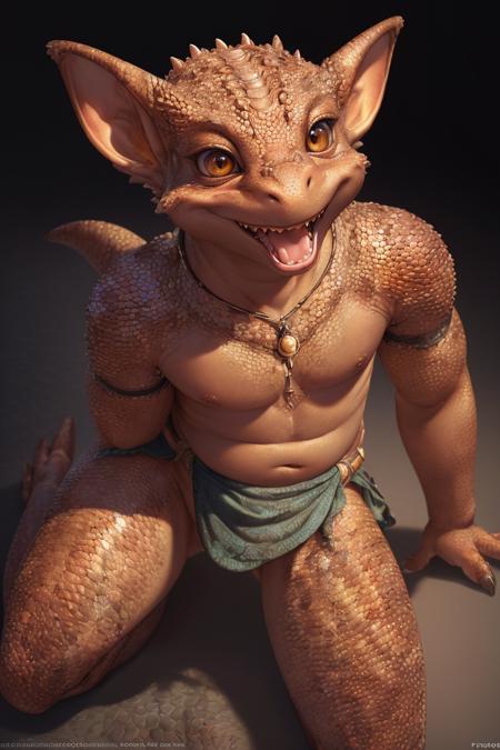 uploaded on e621, anthro, nsfw, explicit, explict, (kobold:1), high res, (detailed realistic image:1.5), (detailed eyes, beautiful expressive eyes:1.2), impasto impressionism, insane details, soft, (hyper realistic scales:1.3), (detailed scales:1.2), pupils, (scale covered body), (smaller male:1), (slightly chubby:0.6), (kobold features:1.3), (expressive face, detailed face:1.3), (realistic:1.3), (photorealistic, photo-realistic:1.2), nipples, belly button, full color, (3d:1), (highly detailed:1.2), masterpiece, 8k uhd, (submissive smile:1.2), (dark studio background), (short stack), (nude), (loincloth), (full-length portrait:1), (looking at viewer), cinematic lighting, (looking at viewer), kneeling, (bird's-eye view)