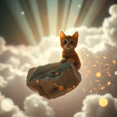 A cinematic high-angle shot captures a tiny, adorable cat perched serenely on a floating, crystalline rock amidst a surreal dreamscape. Volumetric light rays from an unseen source pierce through ethereal clouds, illuminating a whirlwind of glowing, magical particles that dance in the air. The shallow depth of field creates a beautiful bokeh, with every intricate detail of the cat’s fur in sharp focus, while subtle lens flare and chromatic aberration add a photorealistic quality. The cat’s curious eyes, reflecting the scene, seem to hold the secrets of this impossible, glowing world.