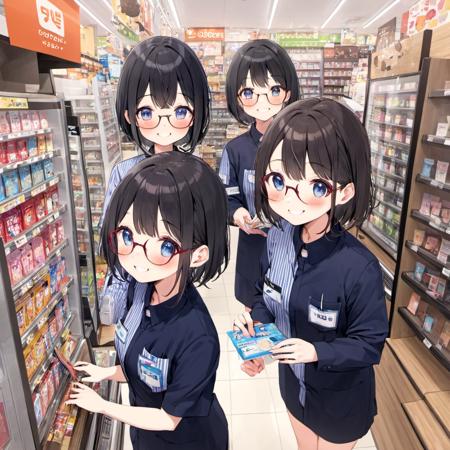 best quality, ultra-detailed, illustration, japanese woman, cute, (shy smile), glasses, 
shop, employee uniform, convenience store, uniform, shirt, black hair, striped shirt, smile, looking at viewer, multiple girls, long hair, striped, indoors, name tag, vertical stripes, vertical-striped shirt, id card, short hair,
 <lora:LAWSON_scenery_SDXL_V2:1>