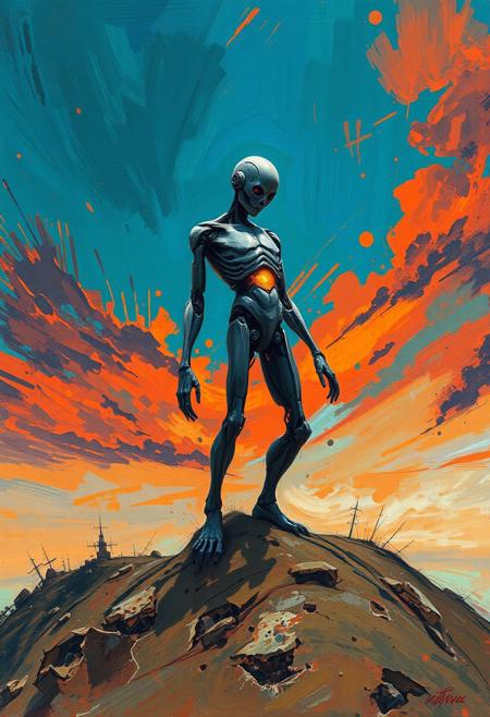 (style of Zdzisław Beksiński), contorted android figure on a wind-swept hill, faint internal glow beneath torn synthetic skin, abstract blend of flesh and metal, biomechanical limbs twisted unnaturally, sky in explosive fauvist strokes of electric blue and blood-orange, surreal painterly chaos, post-apocalyptic landscape, fragmented identity, cyberpunk textures, dystopian surrealism, vivid emotional color palette, intense contrast lighting, vibrant brushwork, psychological decay, wild expressionist background, saturated atmosphere, neon fauvism, violent beauty, high detail, concept art aesthetic, trending on ArtStation