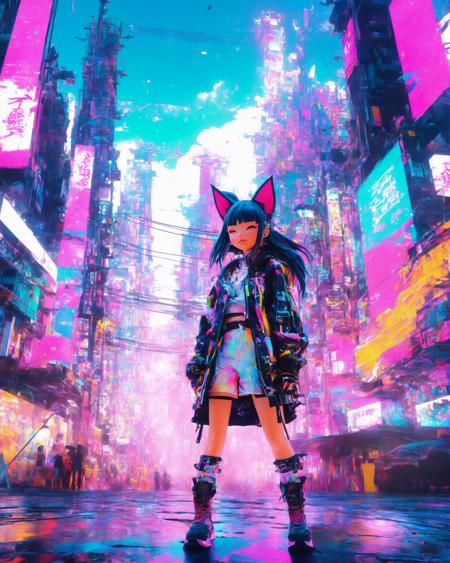 Neo tokyo japanese anime kawaii decora street fashion model with scribble and glitch effects, daz 3d, glitch art, 3d render, octane render, zbrush, oil painting, beeple, artgerm, sakimichan, by klarens malluta, psychedelic colors, the world ends with you, cel animation 1990 s, tetsuysa ishida and yoji shinkawa, kda ahri