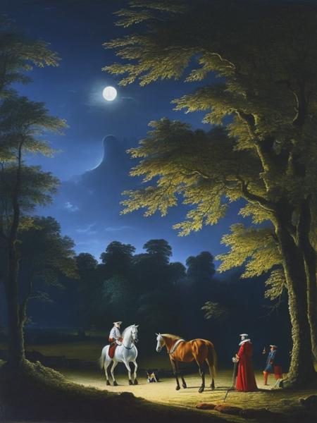 <lyco:JosephWrightOfDerby:1.0> a moonlit scene at the edge of a loney castle forecourt bordering a forrest. Two horses without riders stand in the shadows. A 20 year old man from the 16th century stands nearby.