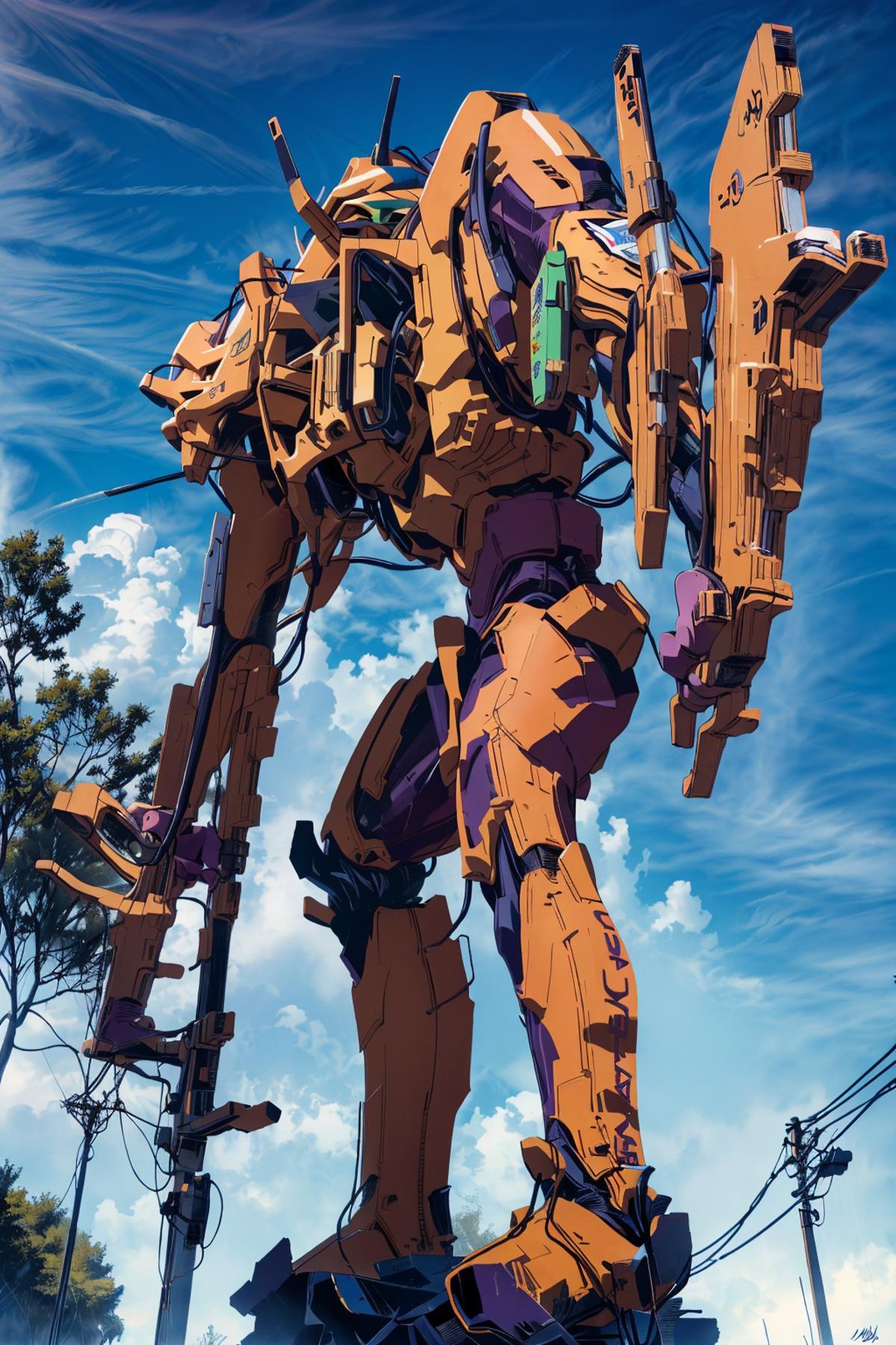 A large orange robot with purple accents stands against a blue sky.