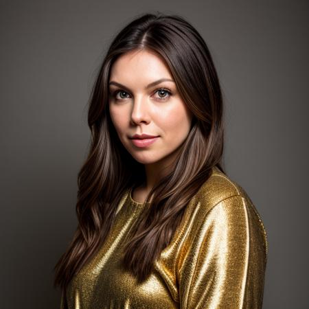 a Realistic portrait of a laura prepon woman with brown eyes and long brown Hair style, looking at the viewer, detailed face, detailed eyes, perfect slim body, modelshoot style, hand on own shoulder, wearing a dress with long sleeves, wearing gold earrings and jewelry, soft lighting, professional Photography, Photorealistic, detailed, standing in a dark Studio Room background, blurred background, RAW, analog, sharp focus, 8k, HD, DSLR, high quality, Fujifilm XT3, film grain, award winning, masterpiece  <lora:laura prepon v1.2:1>