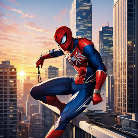 (masterpiece, 8K, UHD, best quality, official art:1.2), iconic superhero Spider-Man, (vibrant red and blue suit:1.3) illustrated with meticulous attention to detail, reflective surfaces catching the last rays of the setting sun creating a high contrast scene. (Signature white web patterns:1.1) and spider emblem on chest, masked face showcasing the iconic eye lenses, reflecting the (city's skyline:1.2). Action pose, mid-leap between cityscape, skyscrapers surrounding, webline attached to the corner of a towering building. (Incredible cityscape:1.2) bathed in warm orange and pink hues of the setting sun, casting long shadows. Show the dynamism of the character, the fluidity of his movements, and the anticipation of the next swing. The background transitioning from the architectural jungle into a soft sunset sky, capturing a moment of calm before the night's patrol. Reflect his sense of purpose and determination, the responsibility of the vigilant hero he embodies