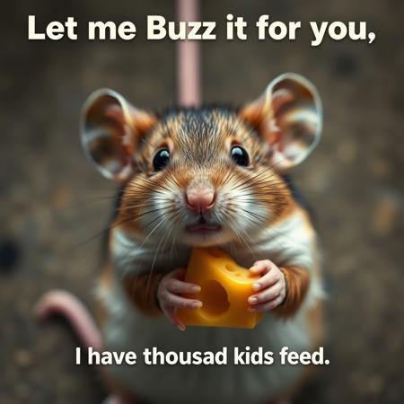 View from above, realistic, detailed fur, mouse looking up, begging eyes, extremely cute, the most cute mouse in the universe, meme mouse, ‘Let me Buzz it for you', the mouse is beginning for more Buzz, he's holding a piece of cheese written: I have thousand kids to feed.
(Focus on text),