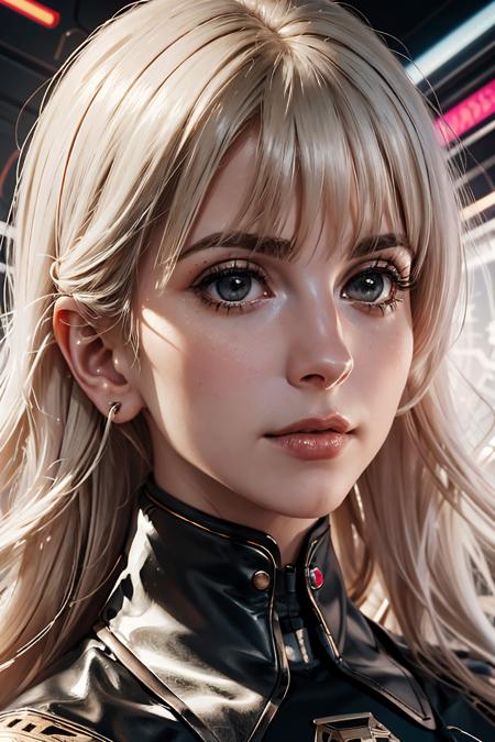 Portrait of a beautiful girl with wavy white hair, wearing a formal black dress with metal parts, red eyes, monograms in the background, digital painting, dark colors, 8k, complex details, vintage, retro futuristic style, sharp focus on the center, pastel colors, art station, (sci-fi, future, future theme), (facial expression looking with disdain), (detailed illustration)  <lora:hhayleyydefv2:1> hhayleyy